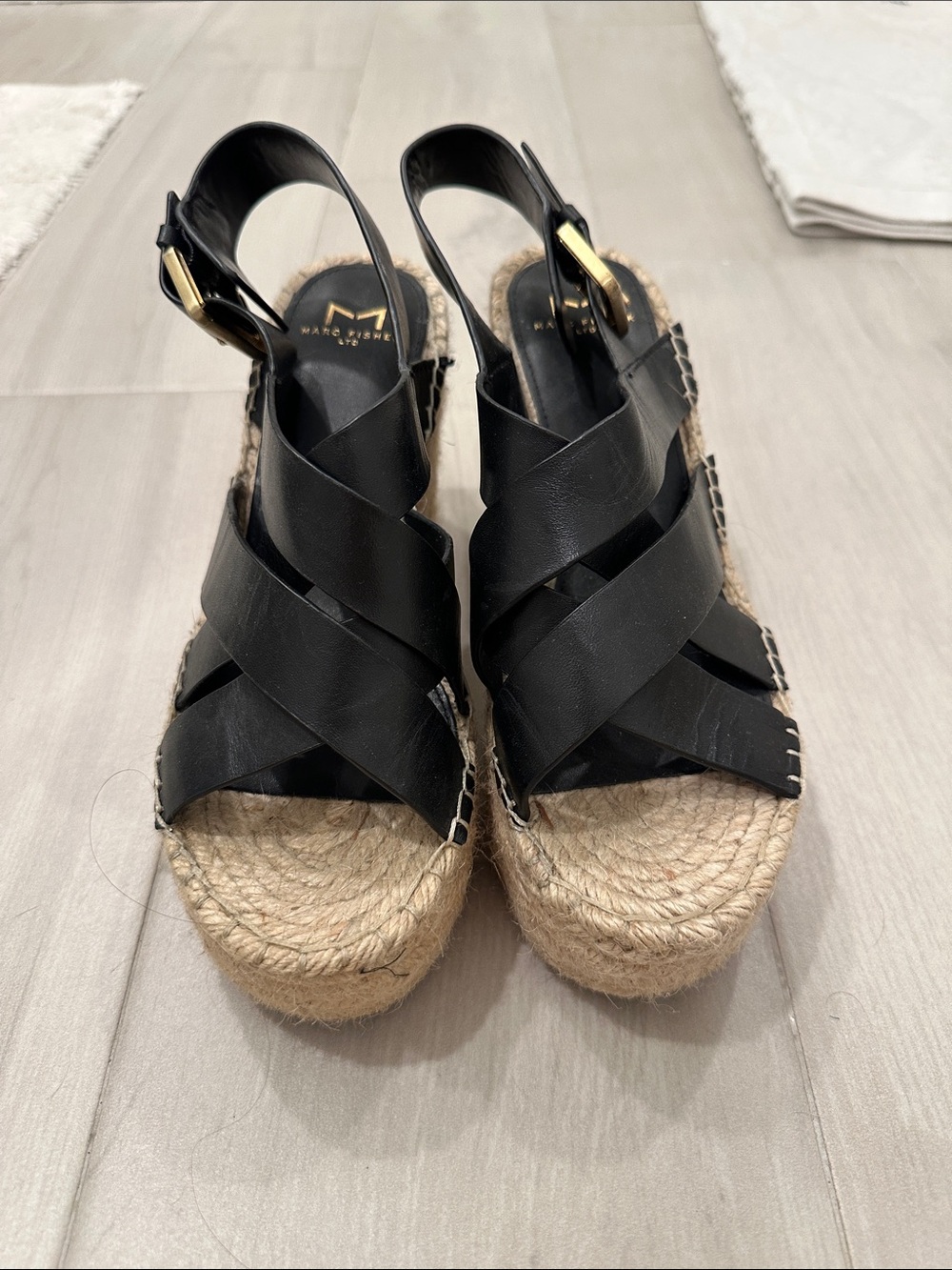 Marc Fisher Black Leather Espadrille Platform Wedges with Gold Buckle